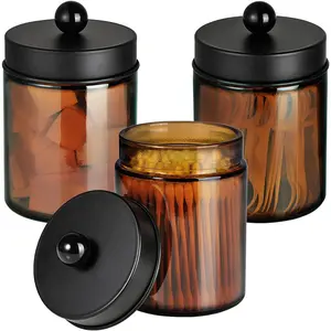 Glass Qtip Holder,  Jar,Qtip Dispenser with Metal Lid & Stickers- 3Pack Containers, Canister Organizer Storage,Bathroom Accessories Set for  Swab, Ball, Pad, Floss