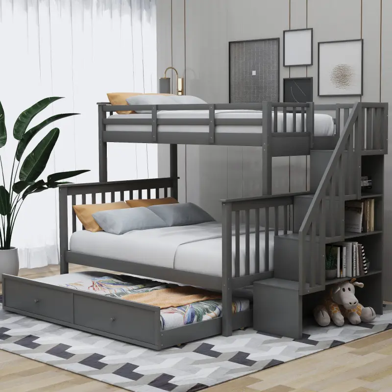 Stairway Twin Over Full Bunk Bed with Twin Size Trundle, Storage and Guard Rail for Bedroom, Dorm, Teens Adults