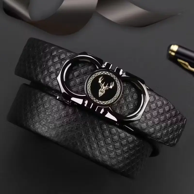Men Leather Ratchet Easy Release Belt, Deer‑Head Alloy Automatic Buckle Embossed Waist Strap for Daily Business Wear