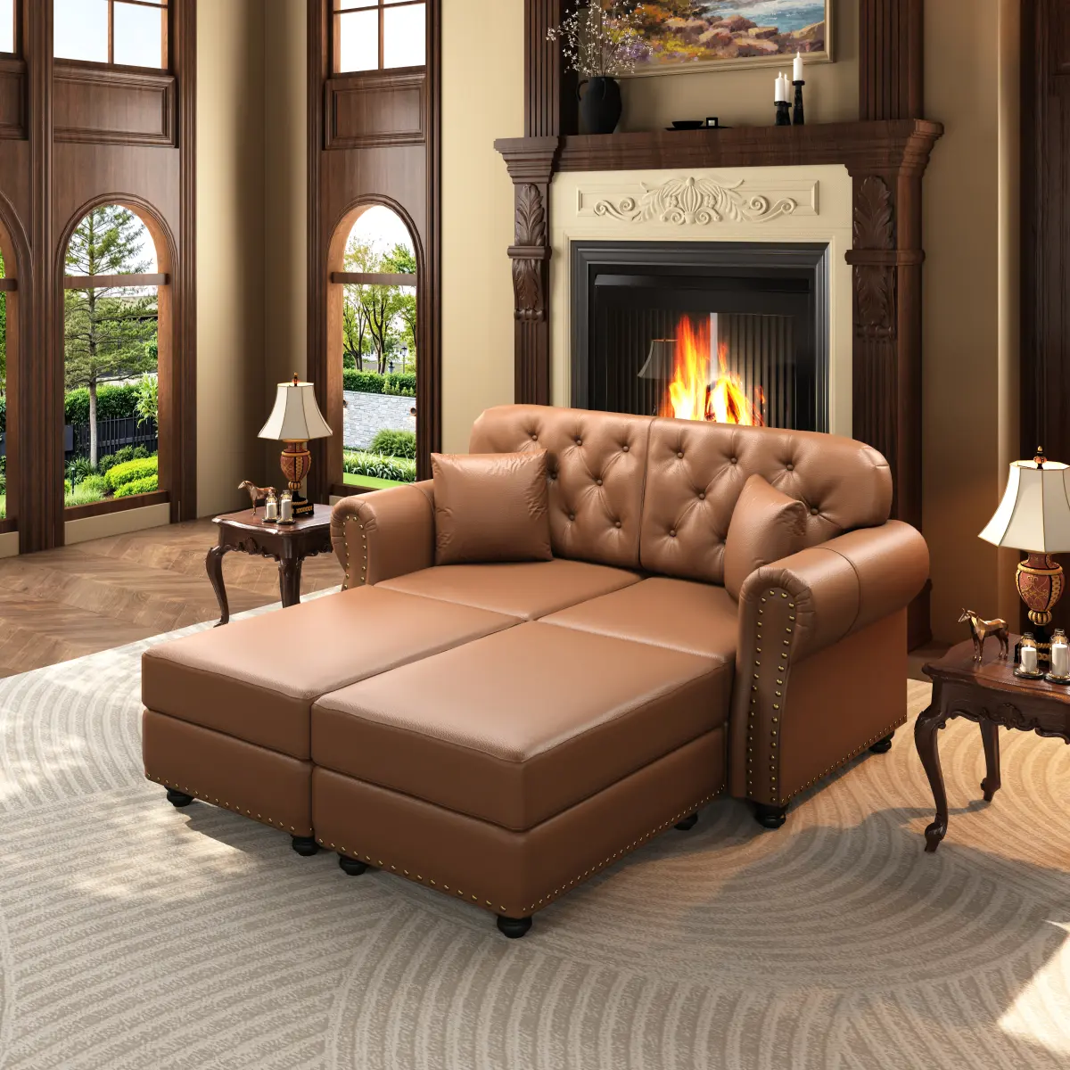 63"Upholstered Faux Leather Sofa with Nailhead Trim and Rolled Armrests,Mid-Century Modern Chesterfield Sofa with Button  Tufted,Includes 2 Pillows,Brown