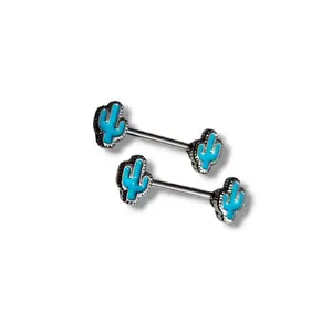 Cactus Nipple Piercings 14G Pair - Silver with Blue
