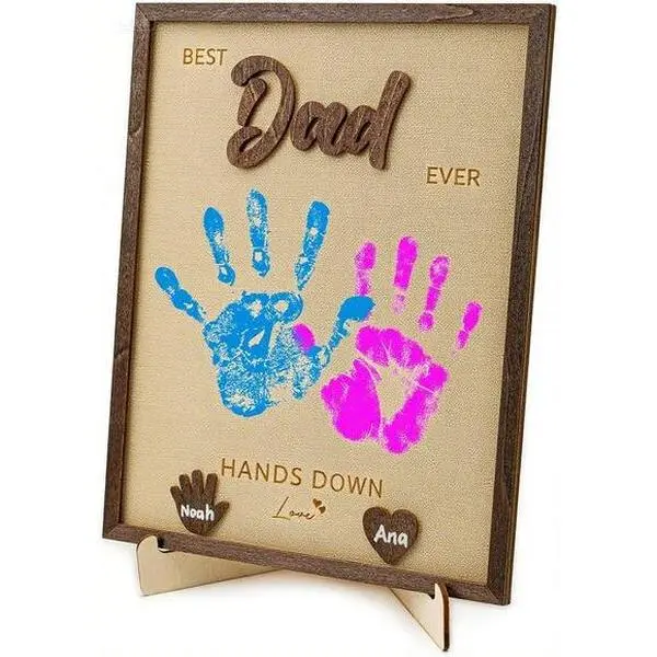 Custom Handprint Wood Keepsake Plaque - Personalized Father's Day Gift from Kids, Engraved with Message, Home Decor Sign for Dad