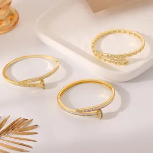 Adjustable Micro-Pavé Zirconia Nail Cuff Bracelet-Edgy Open Bangle Gold Plated Statement Jewelry for Women