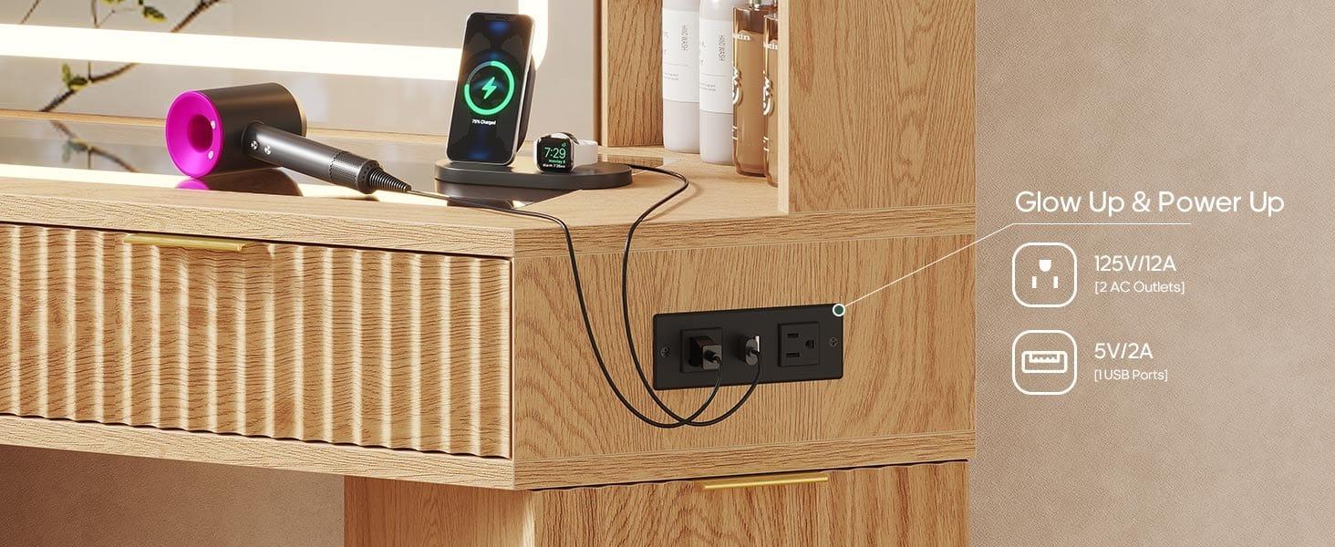 Sikaic Makeup Vanity with Sound Sync LED Lights and Glass Top Luxury Fluted Wooden Corner Vanity Desk with Mirror, Power Outlet, Shelves, Drawers and Cabinets