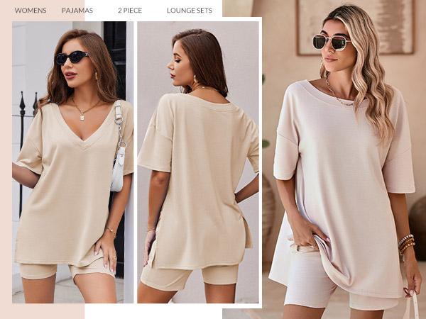 EKOUAER V-neck Two-Piece Pajama Set For Women Summer Casual Oversized Split Hem Shirts & Biker Shorts Minimalist Lounge Wear Soft Homewear Cozy Pjs Clothes Comfy EKOUAER V-neck Two-Piece Pajama Set For Women Summer Casual Oversized Split Hem Shirts & Biker Shorts Minimalist Lounge Wear Soft Homewear Cozy Pjs Clothes Comfy