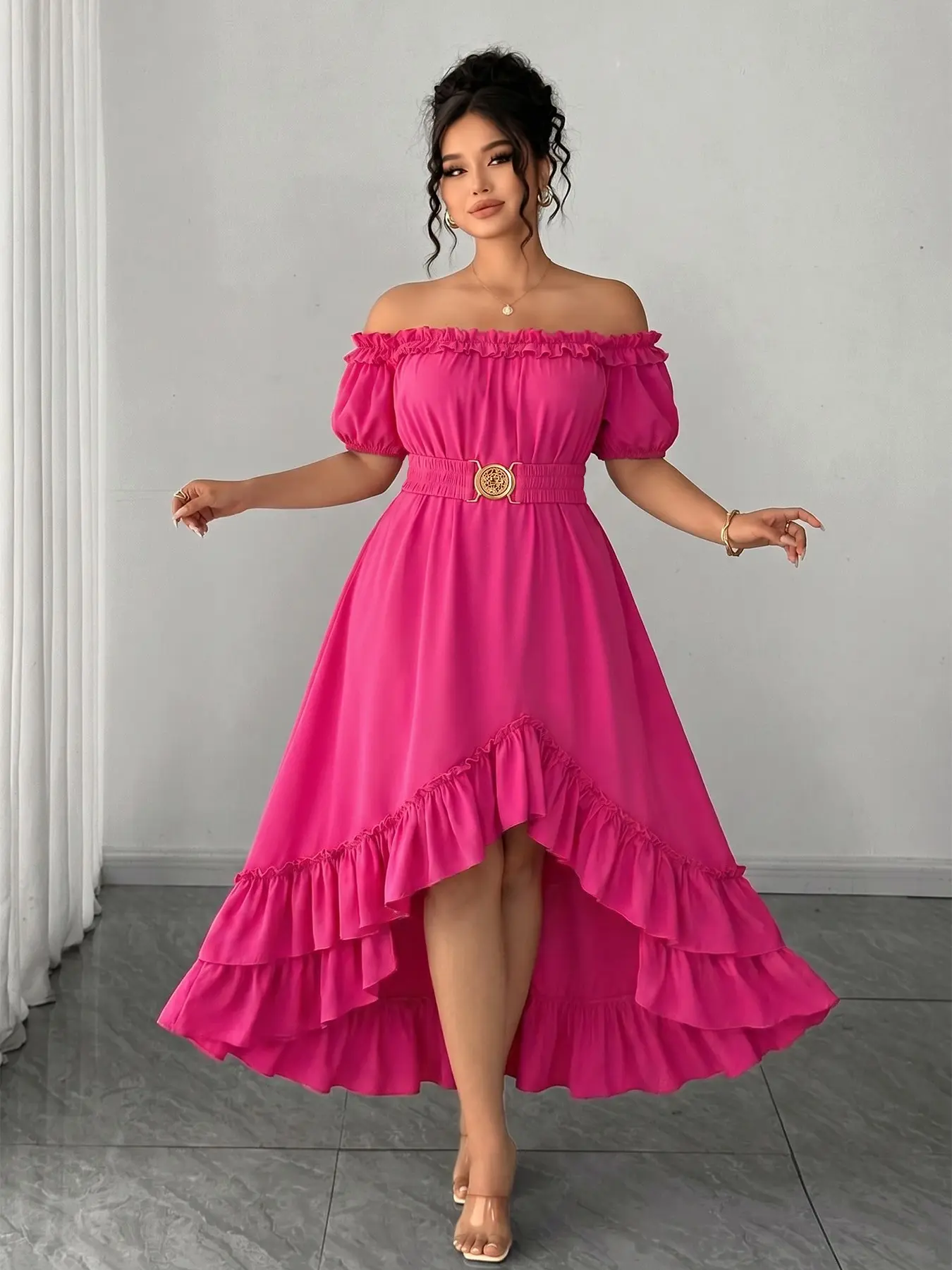 Plus Size French Irregular Ruffle Dress Fit, Off-Shoulder Notch Neck Design, A-Line Skirt Elegant Romantic, Wedding Party Daily Wear Womenswear