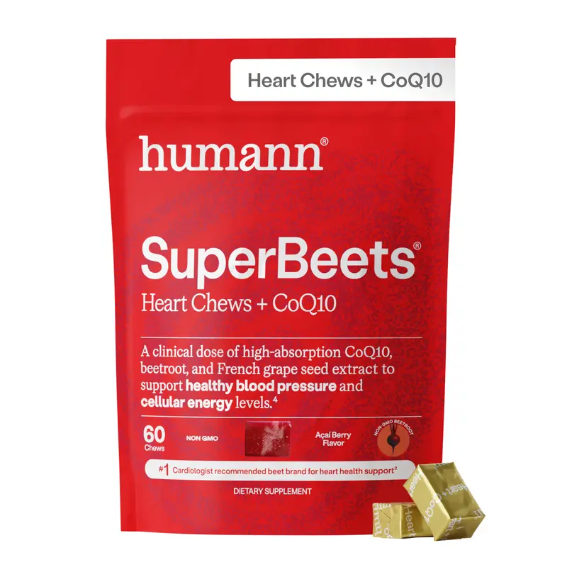 Humann SuperBeets Heart Chews Advanced - Blood Pressure and Energy Support, CoQ10, Açaí Berry Flavor, 60 Count Supplement Healthcare High Dose Vitamin Dietary