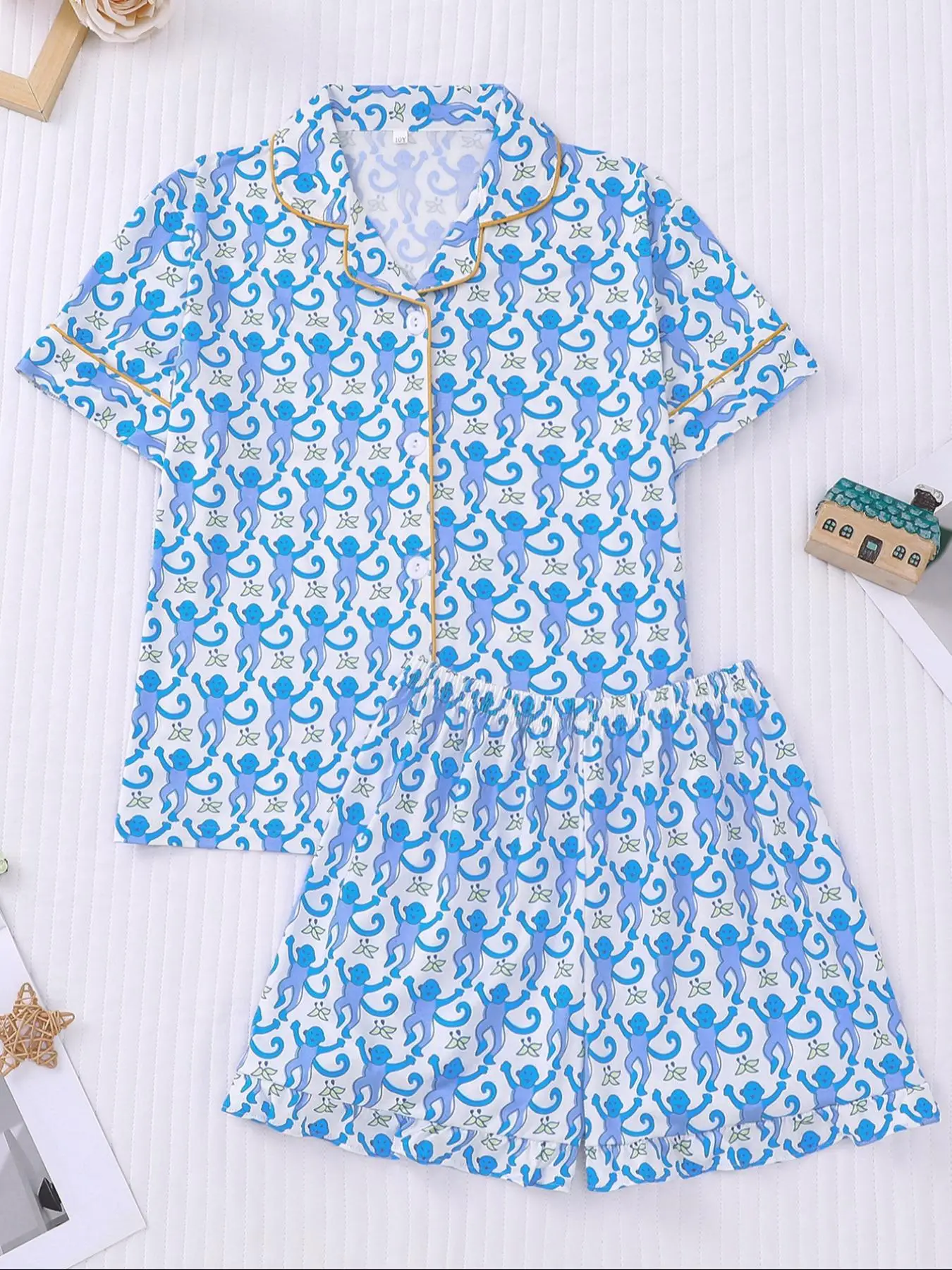 Girl's All Over Print Lapel Shirt & Elastic Waist Shorts Pyjama Two-Piece Set, Casual Comfy Short Sleeve Top & Shorts PJ Set, Kids Sleepwear for Summe