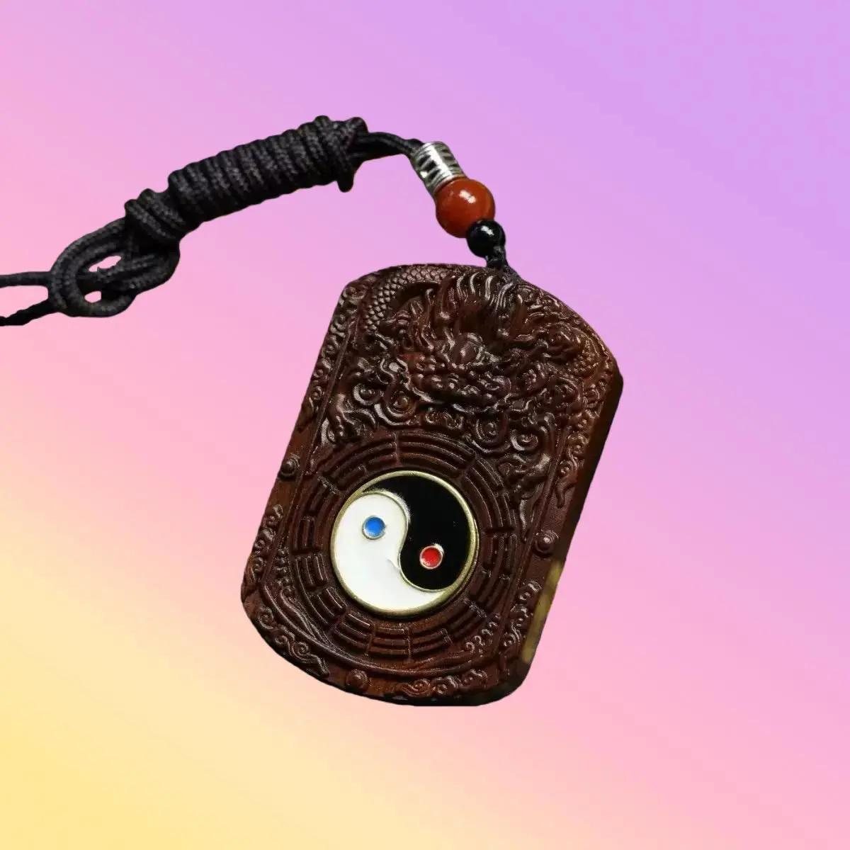 Naturally Lightning-Struck Jujube Wood Hand-Carved Dragon-Swirling Taiji Bagua Pendant Unisex Portable Accessory with Symbolic Inscription for Deities and Life Growth Jewelry
