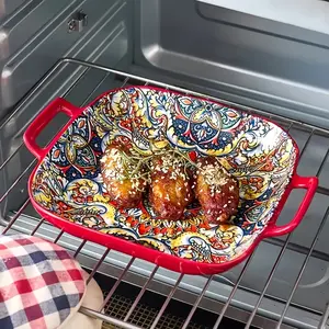 Bohemian Style Ceramic Salad Plate with Dual Handles, Vibrant Floral and Geometric Patterns, Oven and Microwave Safe, Perfect for Baking