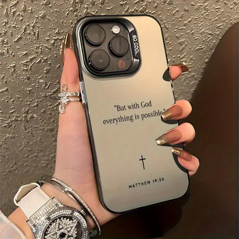 This protective phone case features a Bible verse design, is drop-proof and non-slip, and is fully covered by TPU. It's compatible with iPhone 17, 16, 15, 14, 13, 12, 11, XS, X, and Samsung S22, 23, 24, 25 Plus/Ultra/FE series phones.