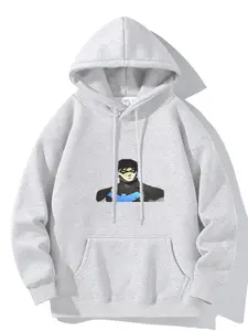 Men's American Campus Style Trendy Jacket Batman Print Hooded Sweatshirt, Casual Long Sleeve Fitted Pullover for Fall & Winter