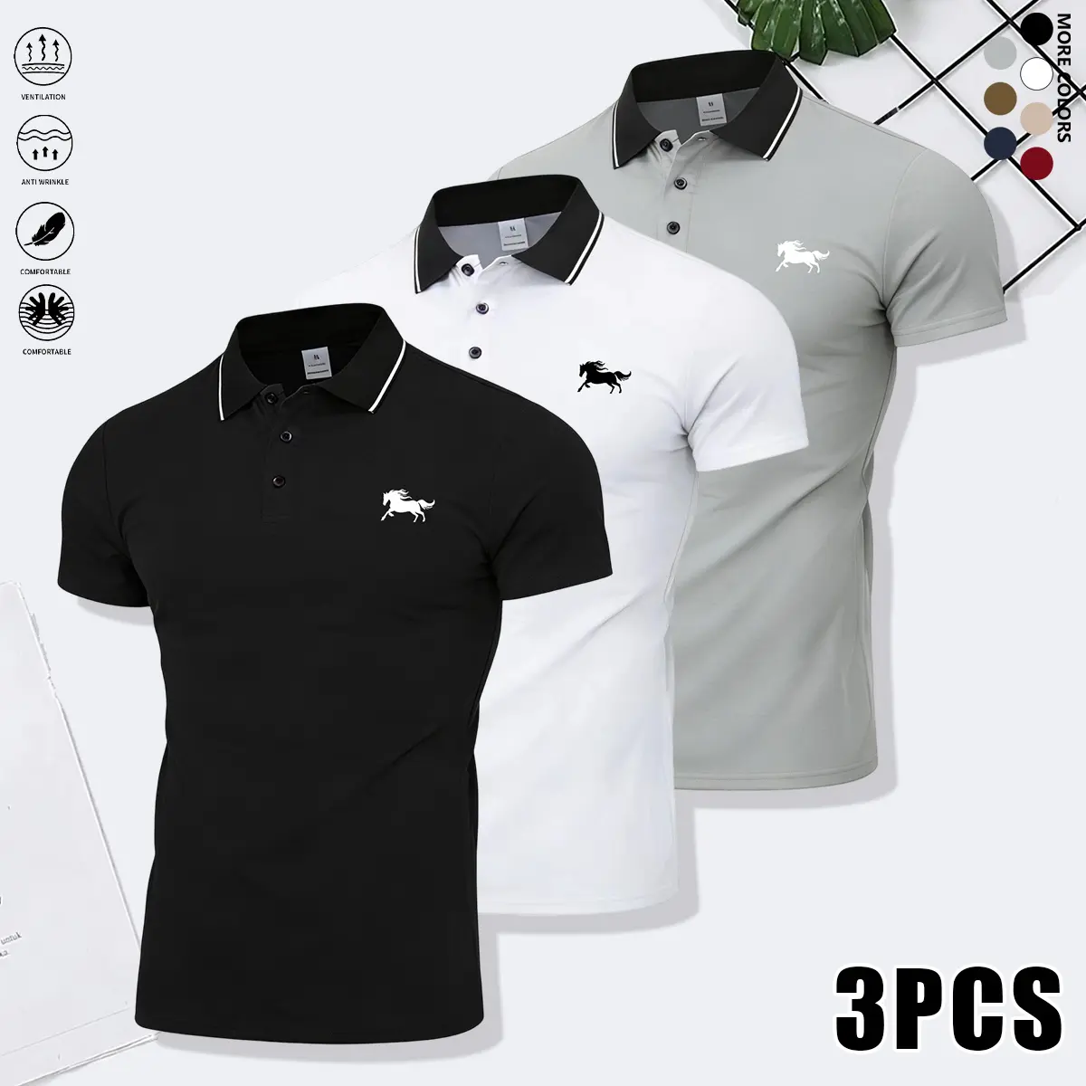 3-pack men’s casual polo shirts — suitable for outdoor sports; distinctive galloping horse print; premium fabric; durable construction; turn-down collar, short sleeves; men’s polo shirt; tennis; outdoor activities; stretch fabric; a high-quality shirt tha