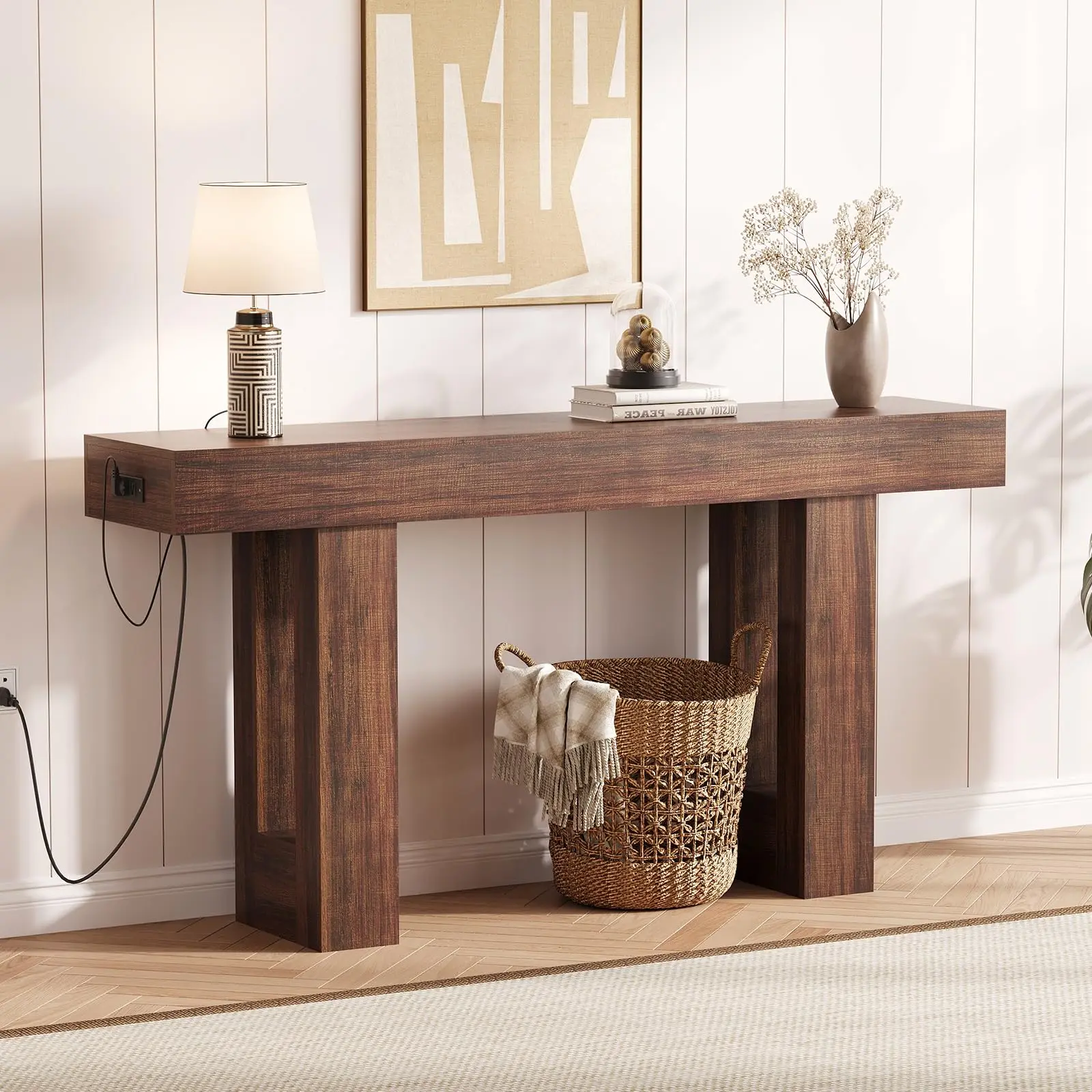 Garvee 63in Farmhouse Style Rectangle Console Table - Wooden Top, Charging Ports (Power Outlet, USB, Type-C), Narrow 33.3in High, Easy Assembly, Rustic Brown for Hallway, Living Room