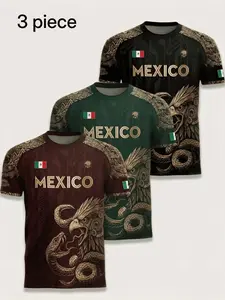 3-Pack Men's Round Neck T-Shirts, Moisture-Wicking Gym Training Sportswear, Athletic Tee, Mexican Pattern Design, Lightweight Gym & Beach Tees, Casual Daily Wear