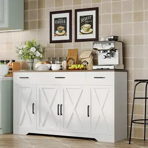 Modern Buffet Sideboard Kitchen Storage Cabinet With 3 Drawers,White 55" Large Farmhouse Buffet Cabinet With Shelves and Doors, Wood Coffee Bar for Living Room Dining Room Hallway