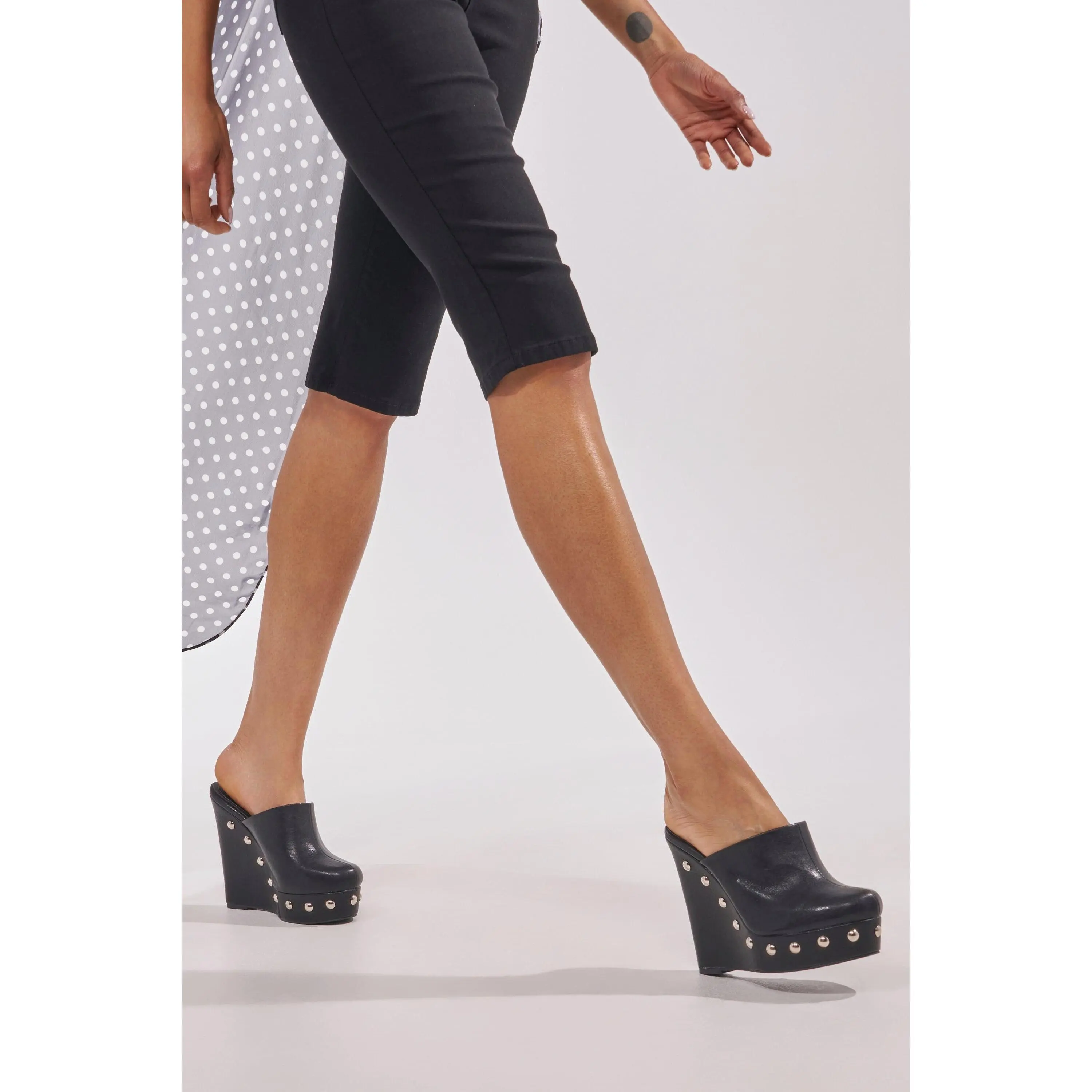 AZALEA WANG RIALA BLACK PU SILVER STUDDED WEDGE CLOG SANDAL