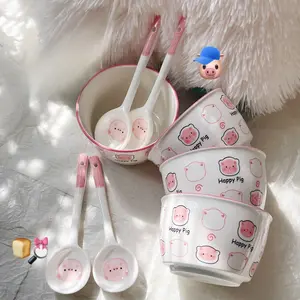 2/4 Set Cartoon Piggy Ceramic Bowl With Spoon Creative Kawaii Soup Bowl Home Kitchen Noodle Ramen Tableware Bowl Set Ceramic Dinnerware Set