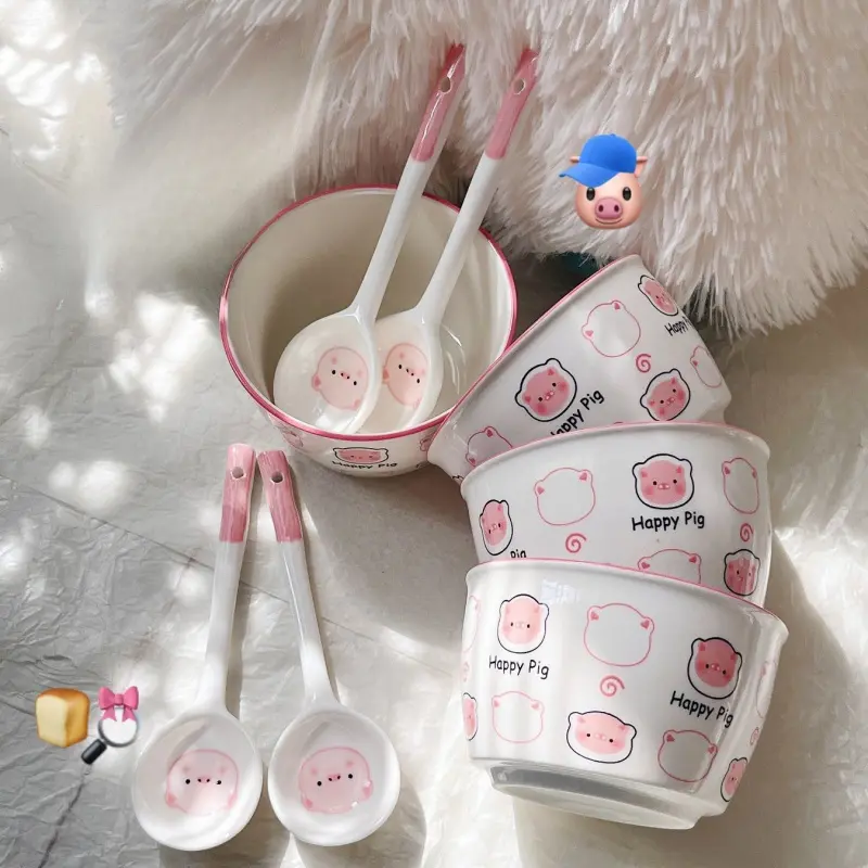 2/4 Set Cartoon Piggy Ceramic Bowl With Spoon Creative Kawaii Soup Bowl Home Kitchen Noodle Ramen Tableware Bowl Set Ceramic Dinnerware Set Tableware Sets
