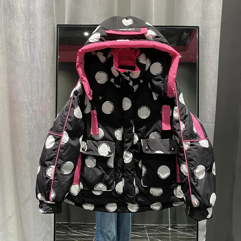 Women's Winter Hooded Short Patchwork Dot White Duck Down Coat - Thick, Warm, Comfortable Lady's Outerwear with Big Pockets, 1-Piece Parker, Coats, Casual, Tops