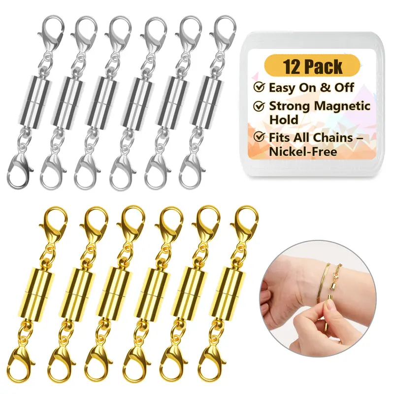 12 Pack Magnetic Necklace Clasps and Closures Necklace Jewelry Extender with Strong Magnet Magnetic Gold and Silver Plating Gift Stainless Steel Charm
