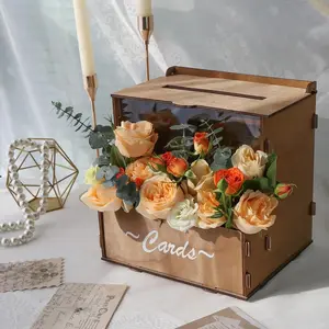 Wooden Wedding Card Box with Flower Trough, Brown  Card Box for Wedding with  Board, Wedding Card Boxes for Reception Rustic Wedding Decor for Graduation  Showers Birthday Party