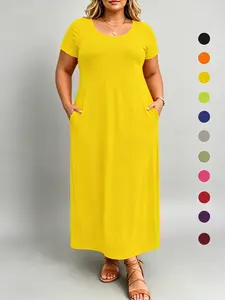 Plus Size Loose Solid Color Maxi Dress, Short Sleeve, Scoop Neck, Curvy Casual Wear, Tummy Hiding, Side Pockets