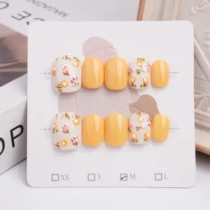 Hand-painted Yellow Flower Nails, Short Square Round, Solid Yellow & Little Flowers, Spring Press on