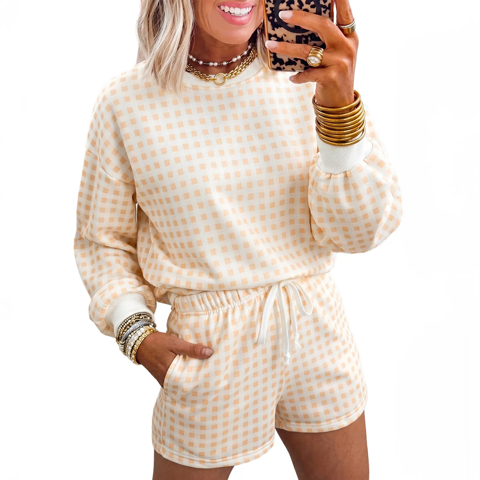 Hotapei Women's 2-Piece Plaid Lounge Set - Longsleeves Round Neck Pullover Top, Adjustable Drawstring Shorts, Fashion Style Cozy Relaxed Fit Sleepwear for Spring Autumn Home Daily Use