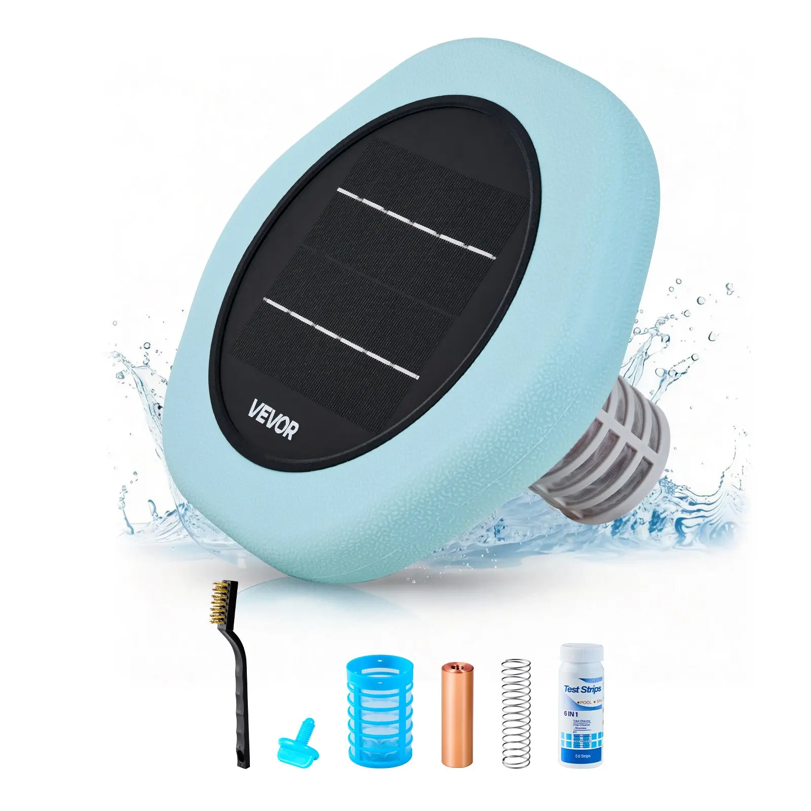 【Summerfinds】VEVOR Hexagon PE & Copper Solar-Powered Floating Swimming Pool Cleaner, Solar Ionizer Water Purifier for 45000 Gal Spas, Chlorine-Free Inground Pool Accessory with Copper Anode, Spring, Brush, Filter & Extras Pool Clarifier