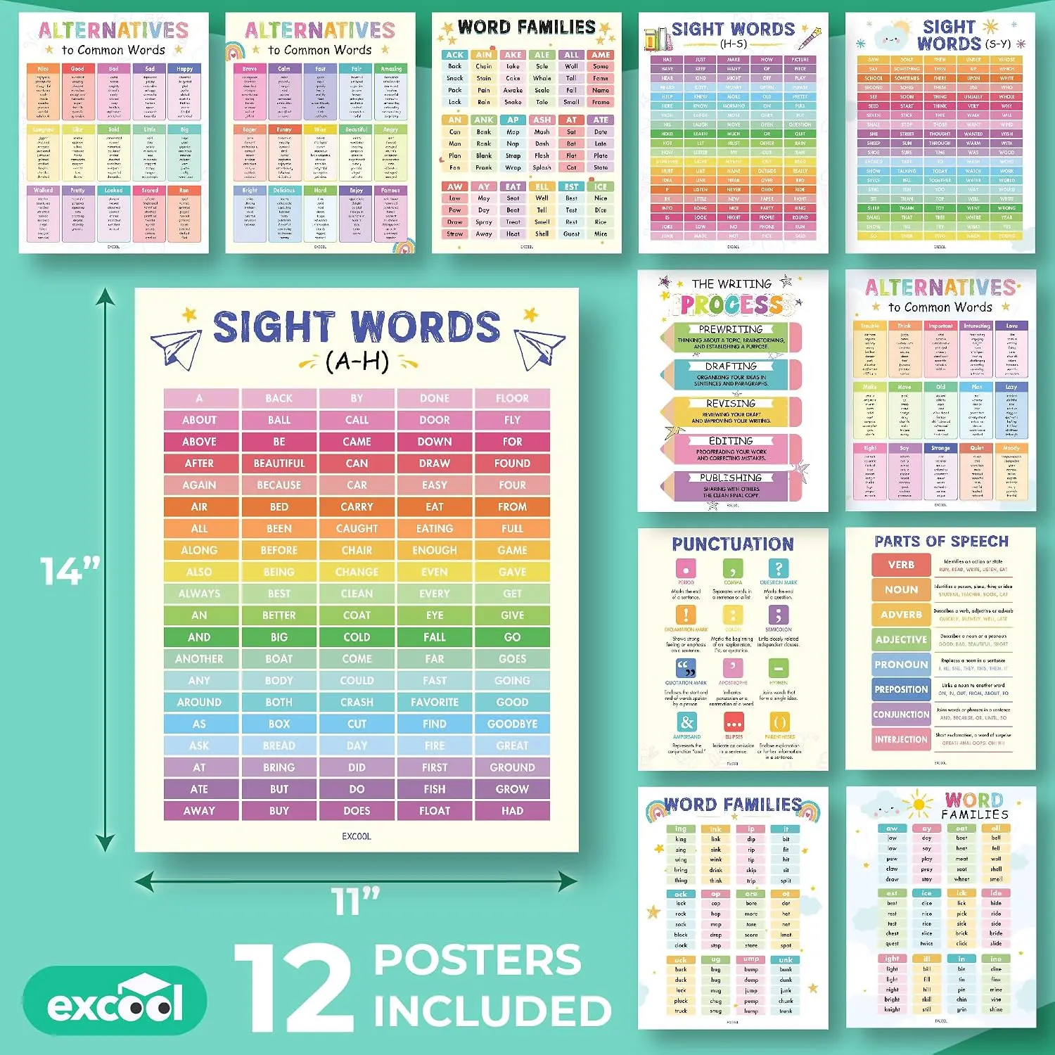 CLUB 12 Preschool Sight Words Poster - 11x14 Word Families Chart Educational Posters For Kindergarten Classroom Must Haves, Laminated Learning Posters For Toddlers, Homeschool, Playroom Decor