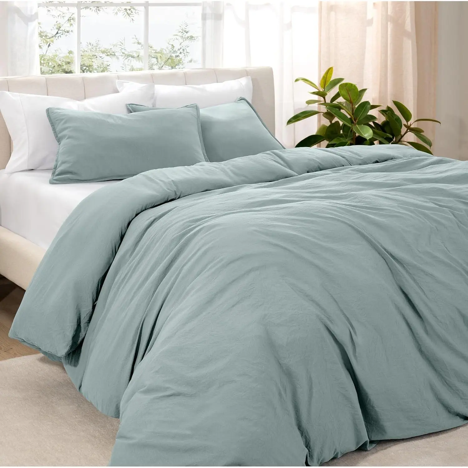 Chic Ultra Washed Microfiber Duvet Cover - 1 Queen Size, Linen-Like Look, Relaxed Wrinkle, Durable, Easy Care Fabric - 1 Queen Duvet Cover with Zipper (Sea Spray)