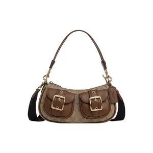 COACH Ashton 25 Leather-Trimmed Canvas Bag with Metal Badge Clasp and Zipper Closure – Medium Crossbody Shoulder Bag for Women in Brown