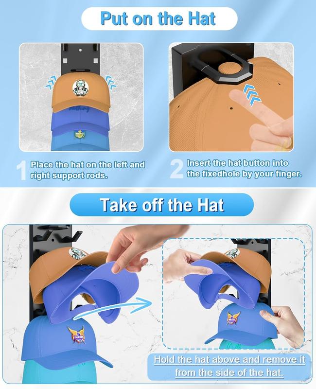 2  Pack Hat Organizer Wall Mounted Adhesive Cap Rack Holds 18 Hats for Closet Door Bedroom Black or White