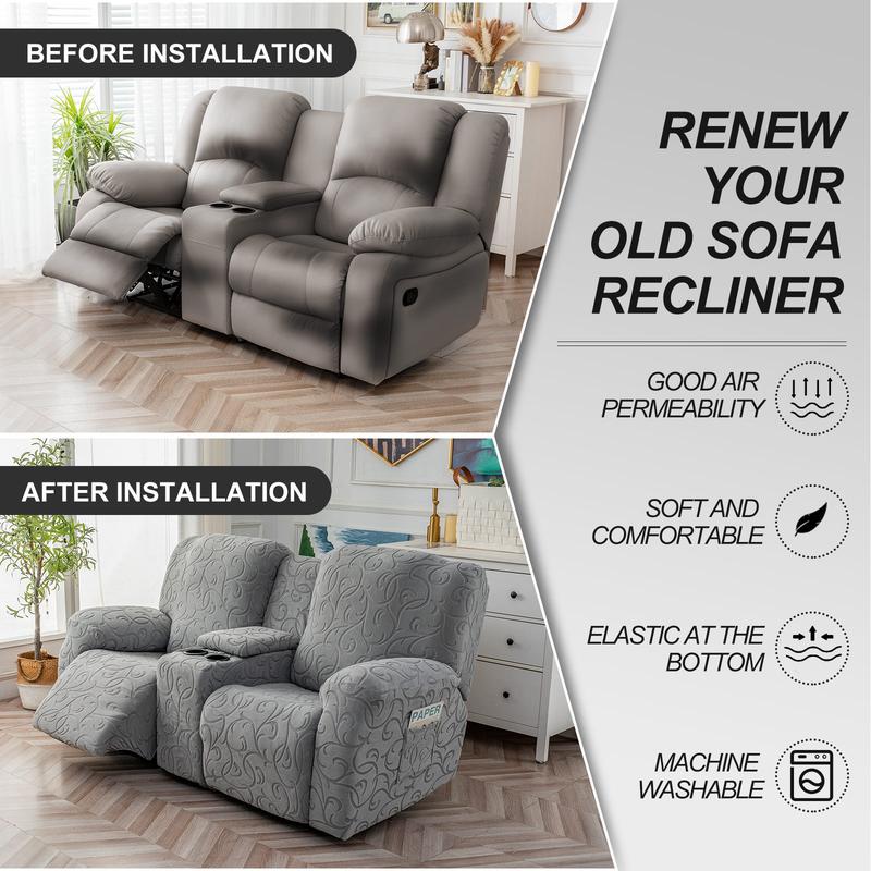 Recliner Loveseat Cover with Center Console, 2 Seater Jacquard Recliner Slipcover with Pockets, Washable Removable Cushions Protector #TikTokShopHolidayHaul