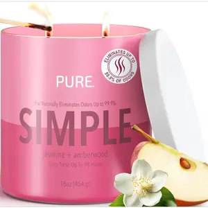 Pure Jasmine & Amberwood Odor Eliminating Scented Candles, Neofresh Technology Eliminates 99.9% of Odors, 16 oz 2-Wick Jar, Proudly Poured in The USA, 44-60 Hours Burn Time