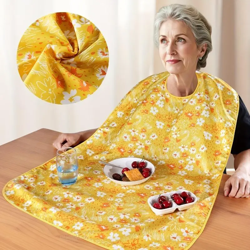 Floral Print Bib Apron for Adults, 42x28 in Extra Large Lightweight Easy-Clean Protective Cover for Elderly Care & Work Use, Aprons, Floral 01, Senior Care, Elder Care