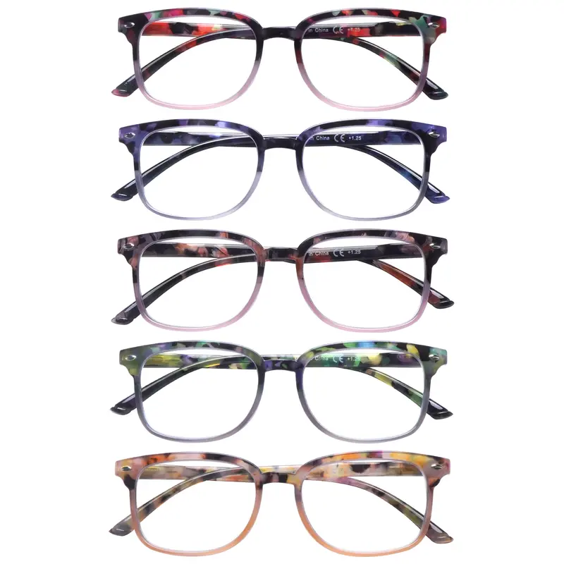 Women's Blue Light Blocking Reading Eyeglasses 5-Pack - Fashion Full Rim Plastic Frame Accessories, Adjustable Silicone Parts, Spring Hinges, Blue Light Blocking Lens, Multiple Pairs, Place Anywhere for Office, Bedroom Use