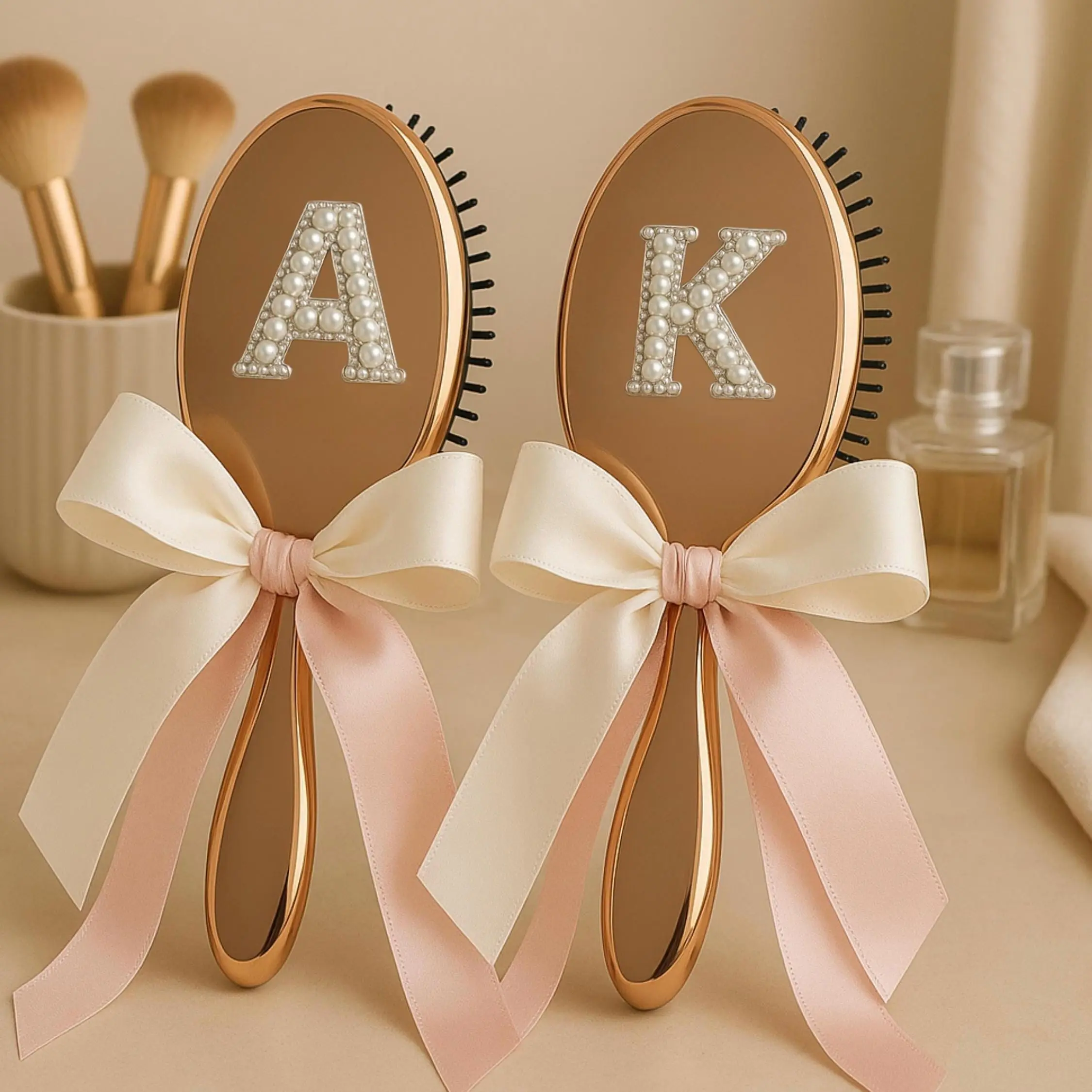 Personalized Rose Gold Hair Brush Pearl Custom Name Monogram Luxury Gift Wedding Bridesmaid Beauty Hair Care Brush Set Valentine Christmas