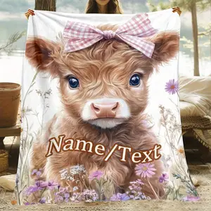 Custom 1 Piece Adult Gift, Cute Highland Cow Floral Print Blanket - Lightweight Flannel Sofa, Bed, Travel, Living Room, Office Shawl, Soft and Warm Digital Print Fleece Blanket, Suitable for Family or Friends Gift
