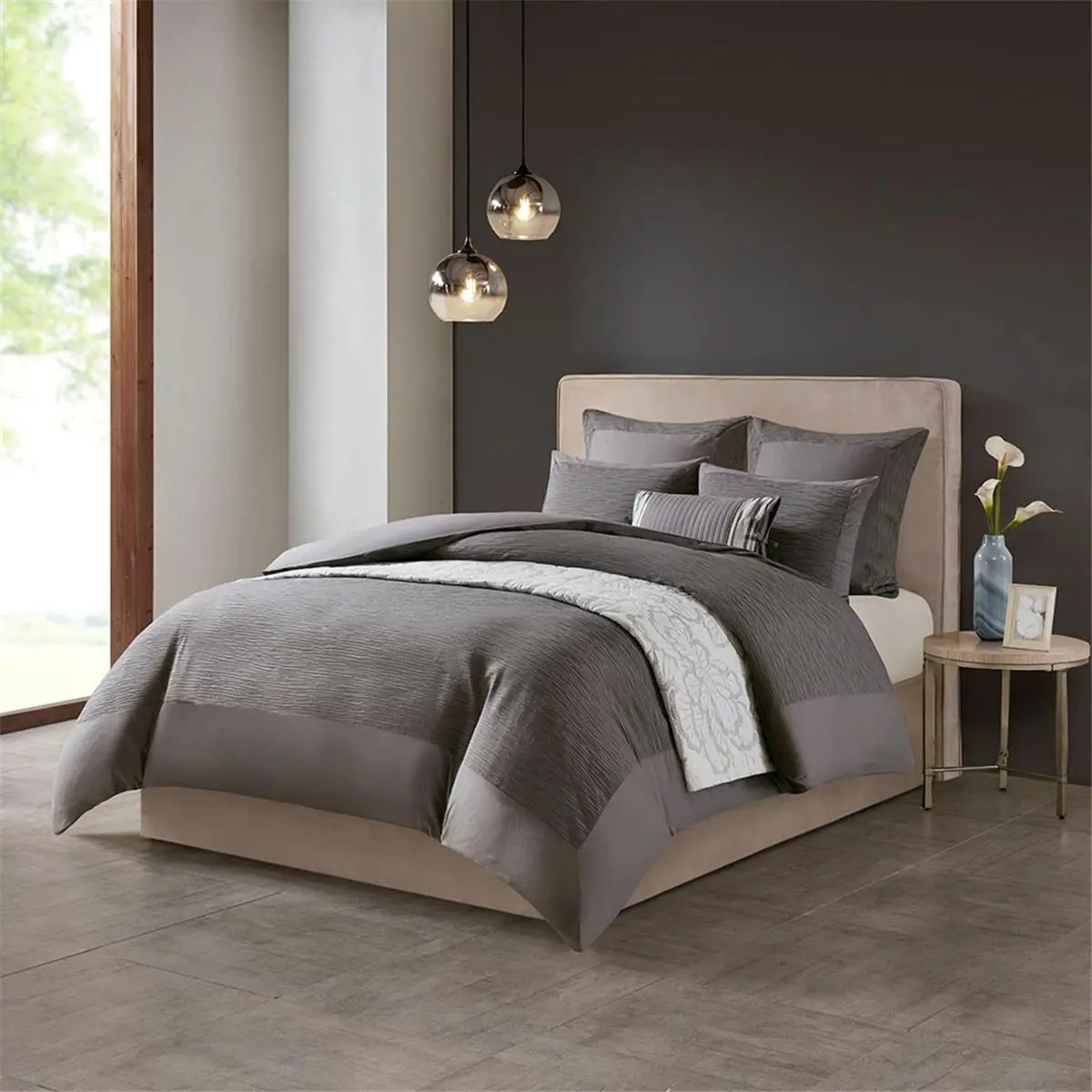 N Natori NS10-3250 Solid King-Size 3-Piece Comforter Set - Machine Washable Cotton Blend, Yarn-Dyed, Grey, Hidden Bartacks, 100% Poly Bedding Sets Collections