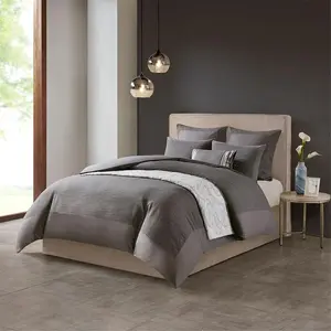 N Natori NS10-3250 Machine Washable Cotton Blend Yarn-Dyed 3-Piece King-Size Comforter Set, Grey, Machine Wash