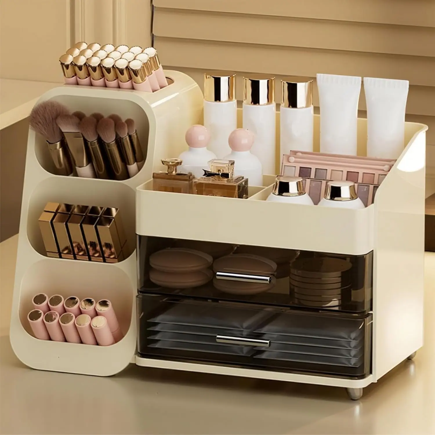 Large Capacity Plastic Makeup Organizer with Drawers - Modern Vanity Display Case, Countertop Storage Box for Beauty, Skincare, Lipstick, Brush, Eyeshadow
