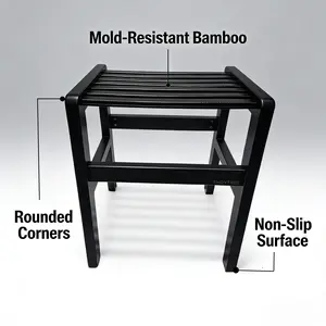 Bamboo Shower Stool - Large Black, Natural Bamboo, Safe & Eco-Friendly/Black Bamboo Shower Stool with Non-Slip Feet, Mold Resistant Shower Bench for Bathroom