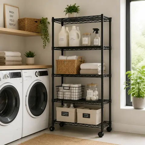 Adjustable Heavy-Duty Steel 3-Layer Storage Shelf - Rolling Utility Rack with Wheels, Varying Height, Organiser for Bedroom, Room Storage, Basements, Durable Home Organizer Solution