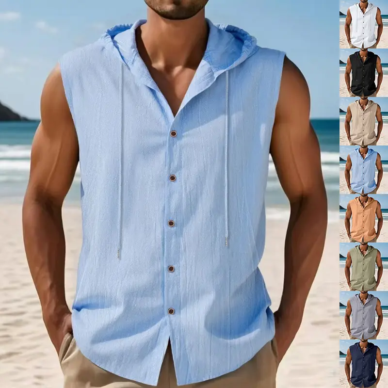 Men's Casual Linen Hooded Vest, Plain Solid Color Sleeveless Tank Top, Lightweight Comfortable Shirt for Summer, Menswear, Simple
