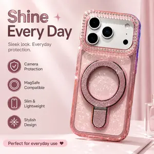 Pink Glitter MagSafe iPhone Case with Ring Stand | Cute Bling Rhinestone Cover