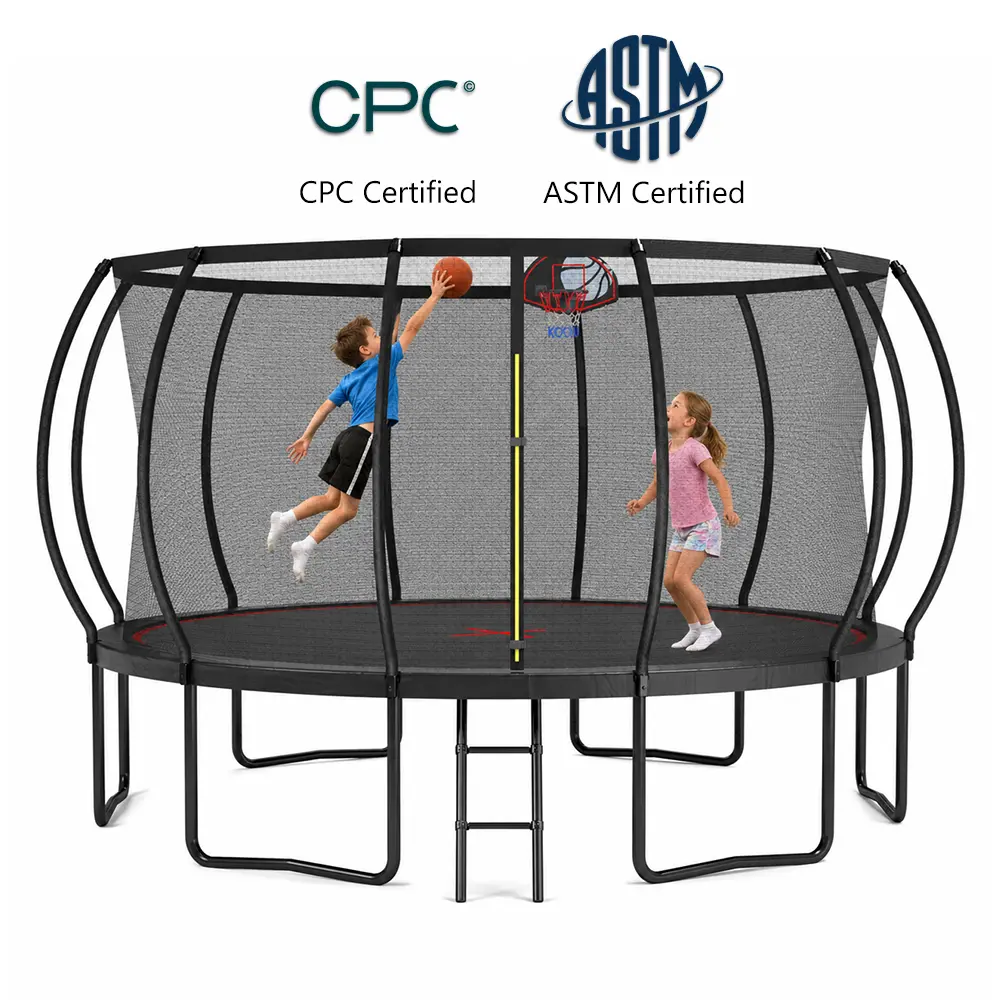 SKYBOUND Outdoor Trampoline 12/14/16FT With Ladder&Basketball Hoop,ASTM Approved Recreational fitness equipment for kids and Adults ,Galvanized Steel Frame, 5 /6 W-Shape Legs, Curved Safety Enclosure, UV-Resistant Jump Mat