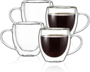 Double Wall Insulated Glasses Espresso Cups Set of 4 (50% Thicker), 5 oz Clear Coffee Cups with Handle, Shot Glasses, Suit for Espresso Machine, Latte, Cappuccino