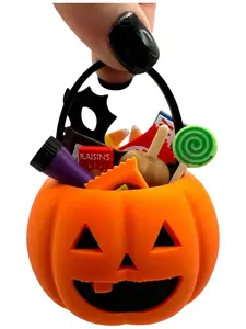 Mini 3D Printed Halloween Jack O Lantern Pumpkin Trick or Treat with Fillers- candy, candy corn, mask, caramel apple, flashlight, chocolate- Miniverse, Miniature,  Desk Decor, Fall, Autumn, Pumpkin, Blue Option for Autism Awareness Gift Decoration Orange